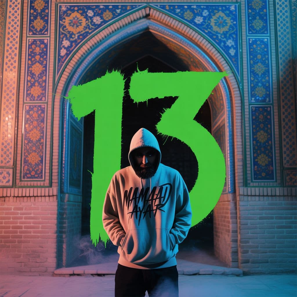 Rap AI Album Cover — A gritty cinematic dark art album cover featuring a mysterious rapper named 'MAMAD AYAR' in a stylish streetwear hoodie, standing before an ancient Isfahan mosque gate with traditional blue tilework; the title '13' integrated in bold neon green lettering on the wall, moody lighting with dramatic shadows, smoke effects on the ground, vibrant contrast and sharp focus, embodying a trap music vibe, 8k quality.