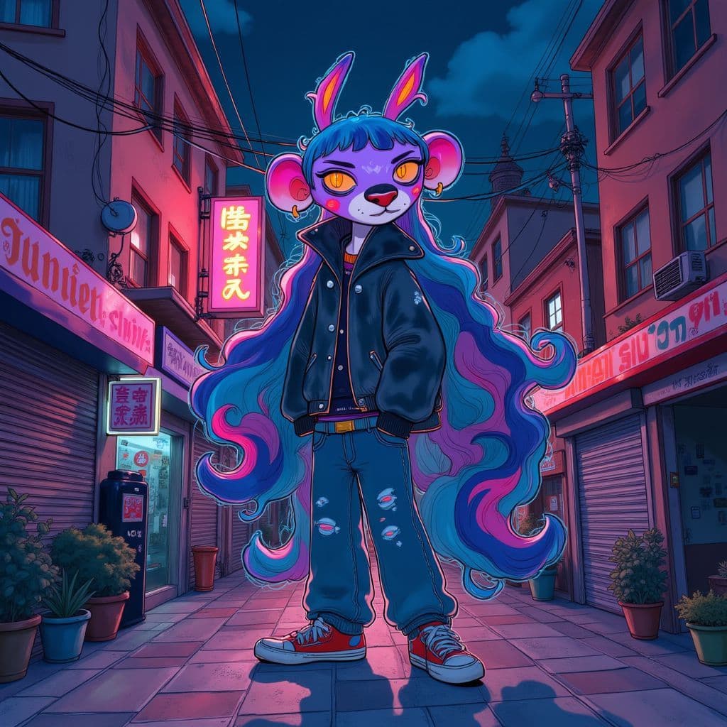 Hip-Hop AI Album Cover — A surreal hip-hop album cover featuring a vibrant street scene at night; a dynamic figure with a colorful ego mask surrounded by swirling neon lights and graffiti, psychedelic color palette with deep blues, purples, and pops of yellow; ethereal atmosphere, highly detailed, sharp focus, 8k resolution