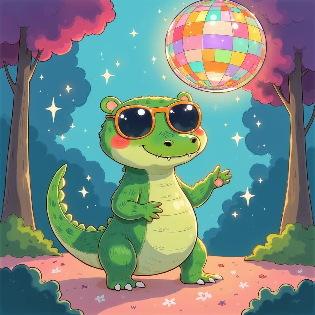 Pop AI Album Cover — A whimsical illustration for 'See You Later, Alligator' featuring a cheerful alligator wearing sunglasses, dancing under a rainbow disco ball, surrounded by magical sparkles, vibrant colors of pink, green, and blue; dreamy lighting, highly detailed, cartoonish style, 8k resolution