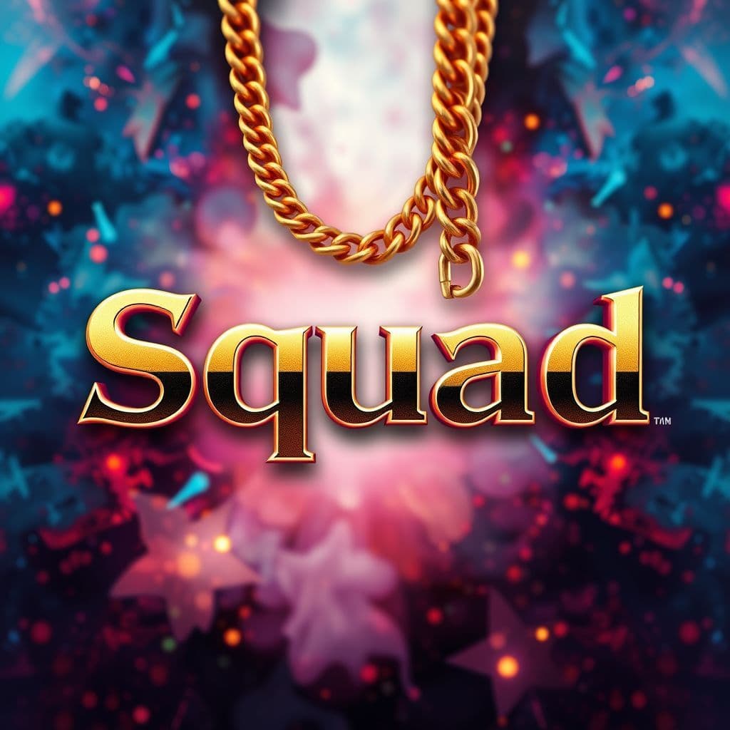 Trap AI Album Cover — An ethereal album cover conveying power and identity, with a close-up of a gold chain symbolizing wealth against an abstract, psychedelic background; the title "Squad" rendered in sleek metallic font; vibrant colors and dramatic lighting, photorealistic, high quality.