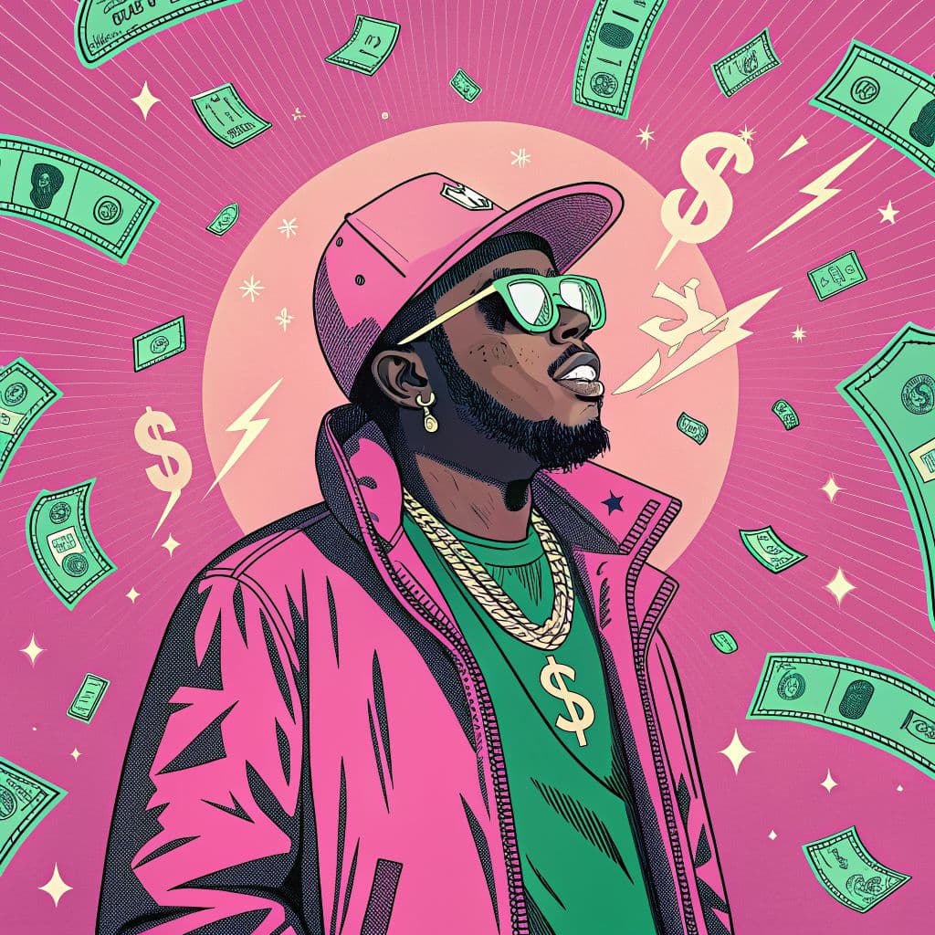 Rap AI Album Cover — A vibrant and energetic album cover depicting a stylish rapper surrounded by floating dollar bills and flashy bling, in a quirky, vector art style; bright colors like neon pink and green, upbeat atmosphere, dynamic composition, 8k resolution, highly detailed, upbeat and swagger-filled vibe.