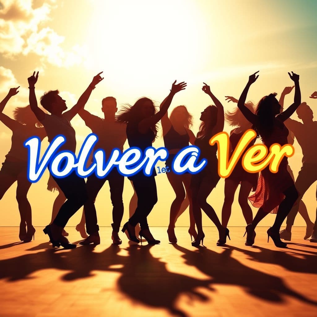 Reggaeton AI Album Cover — An upbeat and fun album cover showcasing a playful dance scene with diverse dancers silhouetted against a bright sky; the title "Volver a Ver" integrated in bold, artistic typography, pops of electric blue and yellow, immersive party vibe, 8k resolution, highly detailed.