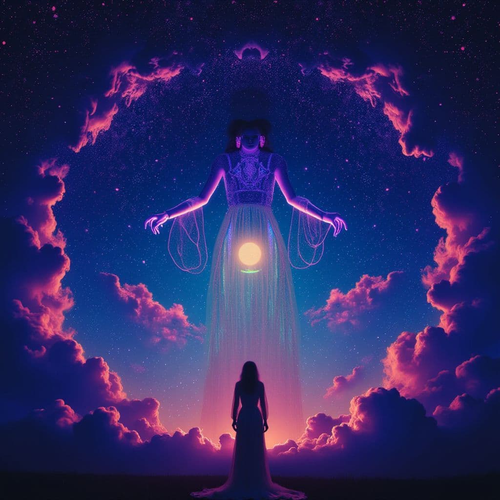 R&B AI Album Cover — An ethereal music album cover for 'Surrender's Arms', featuring a serene figure cradled in soft, glowing arms against a starry night sky; psychedelic colors of blues and purples with golden accents; dreamy lighting, highly detailed, 8k resolution, invoking feelings of homecoming and warmth