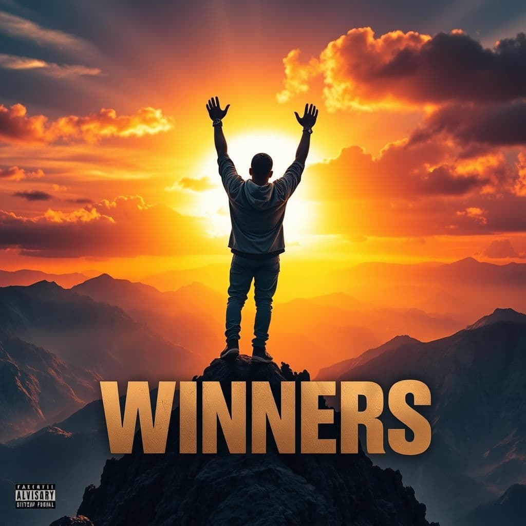 Hip-Hop AI Album Cover — A powerful hip-hop album cover titled "Winners" featuring a victorious figure standing on a mountain peak, arms raised in triumph. A vivid sunset casts golden hues, contrasting with deep blues and purples. Incorporate dynamic typography for the title, photorealistic textures, and 8k resolution for high quality.