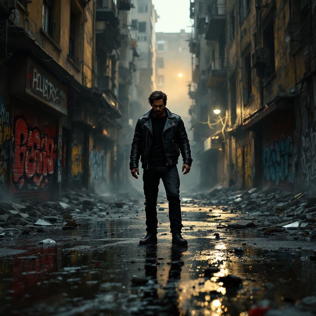 Hip-Hop AI Album Cover — A powerful hip-hop album cover depicting a lone figure standing amidst a chaotic urban landscape, symbolizing betrayal and struggle; a moody atmosphere with dark shadows and contrasting vibrant graffiti colors; photorealistic, 8k resolution, cinematic lighting capturing tension and emotion, highly detailed visual style