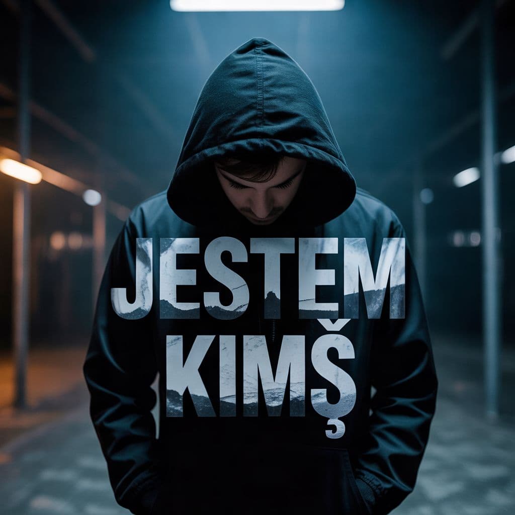 Trap AI Album Cover — A low-angle shot of a guy in a black hoodie with his head down, obscuring his face completely; moody ambient lighting creates a dramatic atmosphere, with the album title 'JESTEM KIMŚ' integrated in bold, gritty typography emerging from shadows, color palette dominated by deep blacks and subtle blues, highly detailed, 8k resolution, reflects the trap genre's intensity and mystery.
