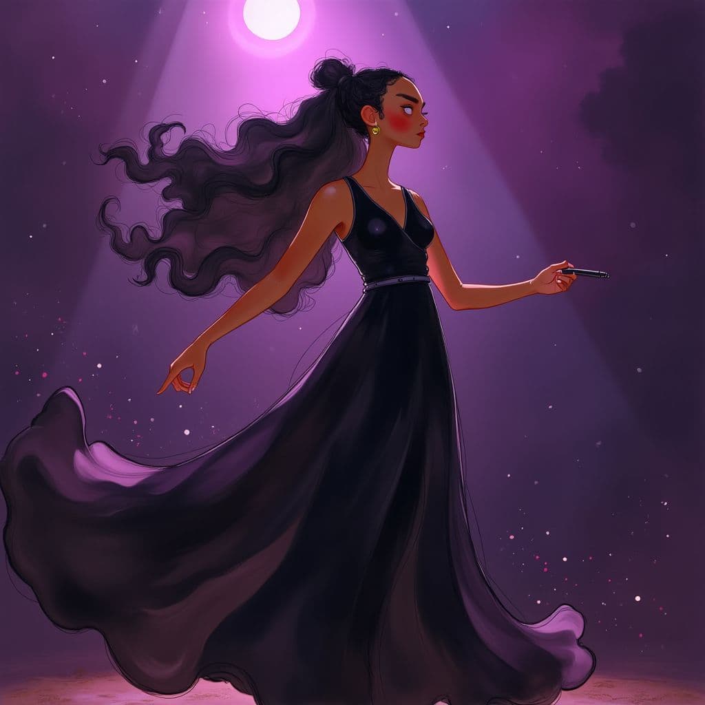 R&B AI Album Cover — A beautiful black girl with braided hair in a flowing black dress, performing on stage under a bright spotlight; vibrant and moody atmosphere, rich color palette with deep purples and golds, highly detailed, capturing the emotion of the moment, cinematic style, 8k resolution