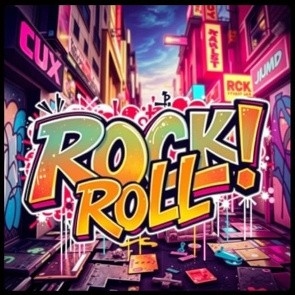 Trap AI Album Cover — A vibrant graffiti-inspired album cover featuring the title "Rock, Roll!" in bold letters, dynamic urban street scene with neon colors, energy and rhythm embodied by abstract shapes and edges, highly detailed and photorealistic, sharp focus, 8k resolution, lively and edgy atmosphere.