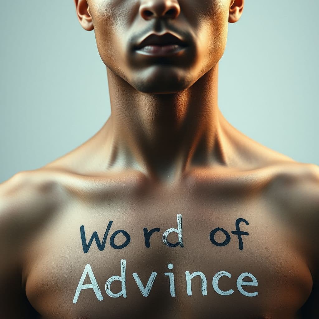 Hip-Hop AI Album Cover — A close-up portrait of a pensive figure with the title "Word of Advice" artistically painted across their chest; minimalist style with soft, warm lighting; subtle grays and blues to evoke a reflective mood, photorealistic quality, high detail.