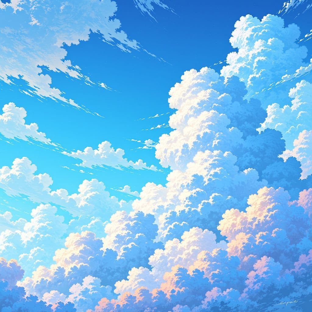 Lo-Fi AI Album Cover — A dreamy, nostalgic anime-style illustration of a tranquil blue sky filled with fluffy white clouds, softly illuminated by warm sunlight; ethereal atmosphere, vibrant colors with shades of blue and white, highly detailed, capturing a peaceful, lo-fi vibe, 8k resolution