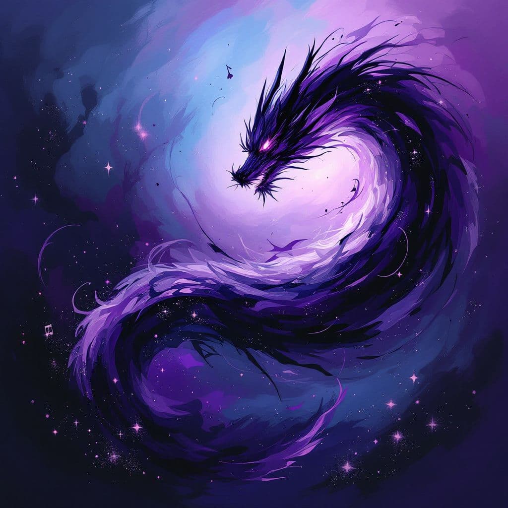 Funk AI Album Cover — An abstract dragon painted in shades of purple and black, swirling within a vibrant, dynamic background; surreal and moody atmosphere, emphasizing movement and energy, with bold brush strokes and a whimsical feel; highly detailed, 8k resolution, professional quality, capturing the essence of funk music.