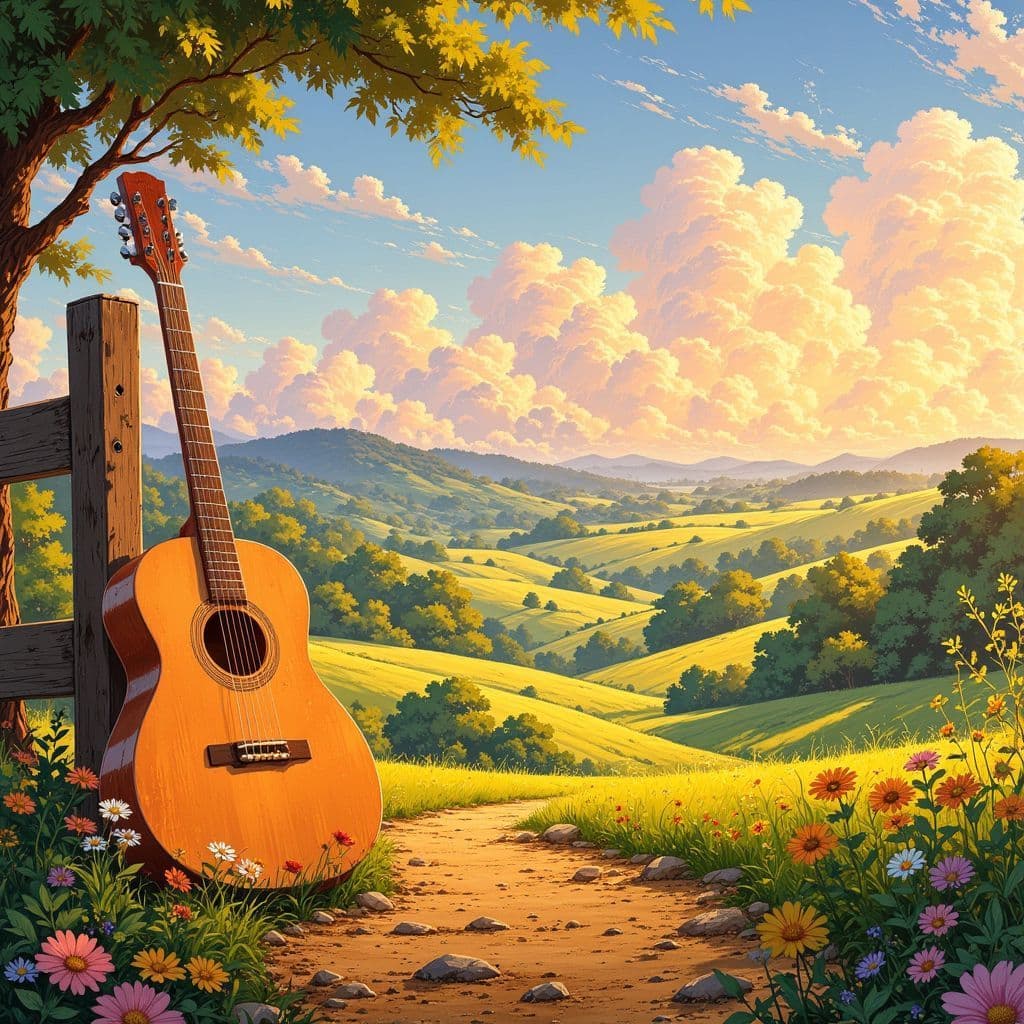 Country AI Album Cover — A beautiful Ghibsky-style illustration of a serene country landscape featuring a five-string guitar resting against a wooden fence, soft golden sunlight illuminating rolling hills and wildflowers, dreamy and ethereal atmosphere, warm color palette with pastels, highly detailed and cinematic feel