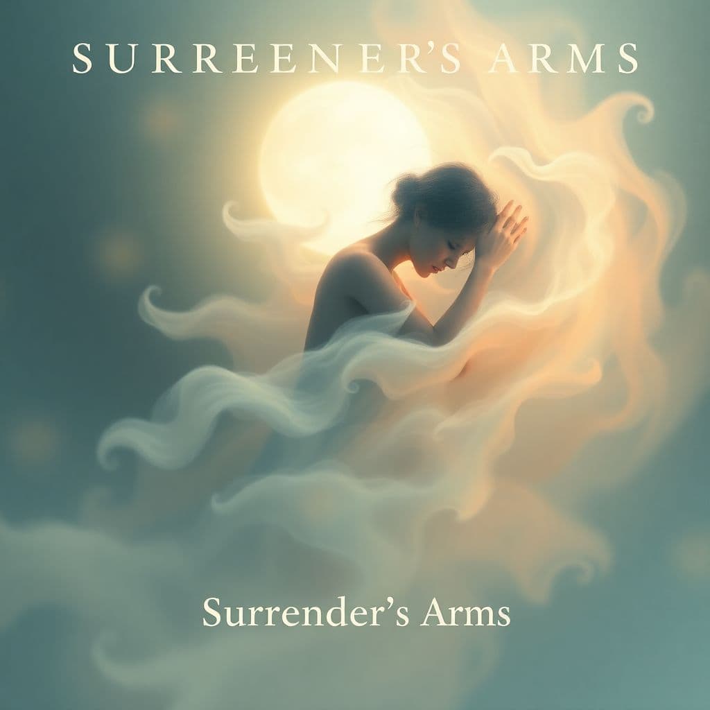 R&B AI Album Cover — A dreamy album cover titled "Surrender's Arms" showcasing a figure embraced by soft, swirling darkness, illuminated by subtle moonlight; ethereal and surreal style, featuring gentle pastel colors and abstract patterns that evoke feelings of warmth and acceptance, highly detailed, 8k resolution, intimate and tranquil atmosphere