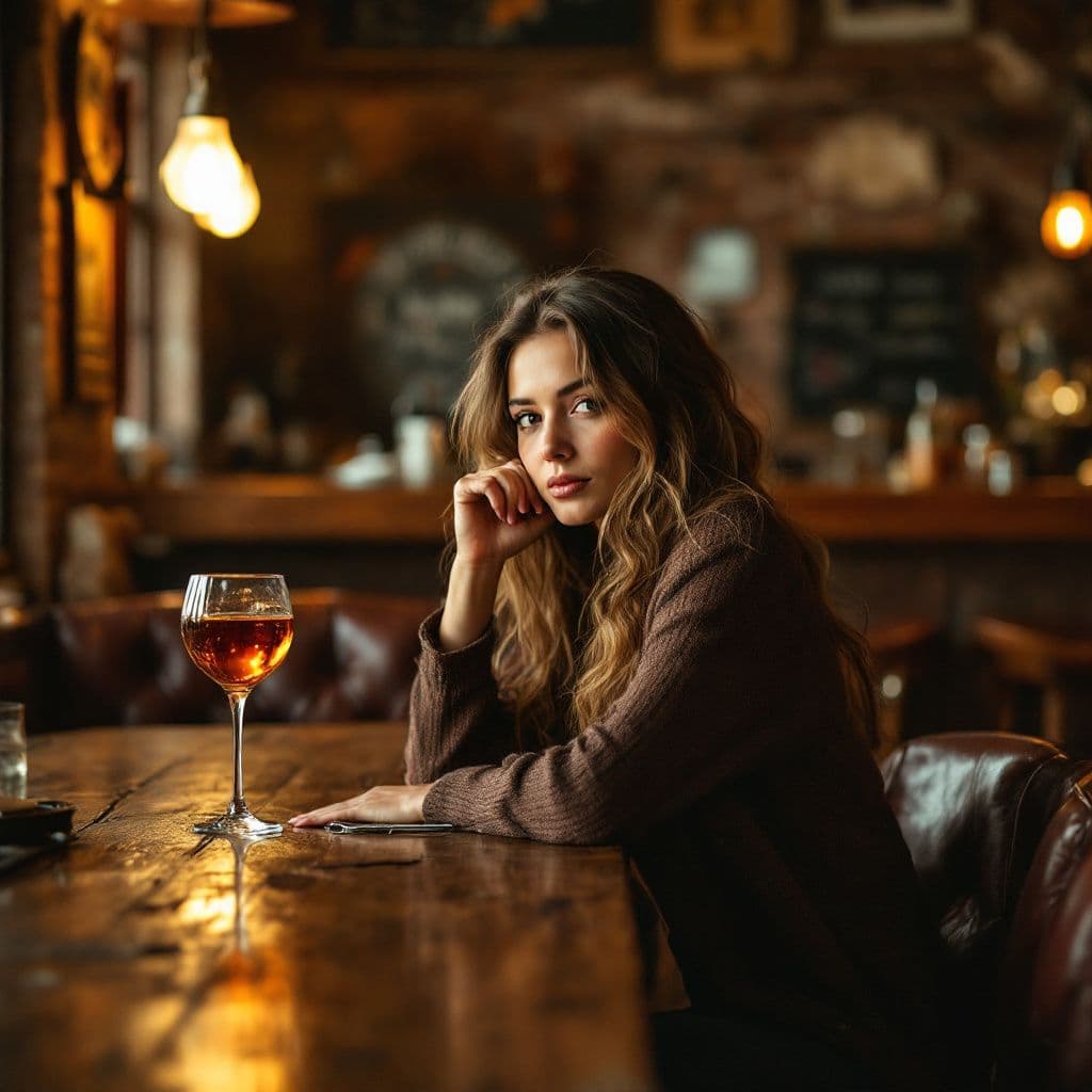 Country AI Album Cover — A woman sitting alone at a rustic bar, holding a glass, warm amber lighting creating an intimate atmosphere, vintage decor with soft focus, earthy tones of wood and leather, highly detailed, capturing the essence of longing and reflection, 8k resolution, country vibe