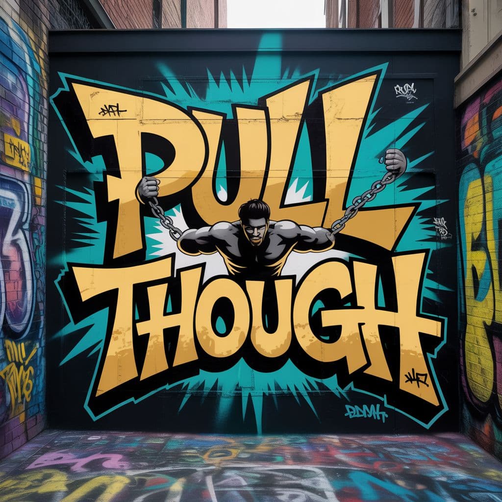 Rap AI Album Cover — A powerful urban mural depicting a strong person breaking chains, symbolizing struggle and success, set in a graffiti-filled alley; vibrant colors of gold and black dominate, with the title 'Pull Though' integrated stylishly in bold, dynamic graffiti lettering, all surrounded by a gritty, moody atmosphere, highly detailed, 8k resolution