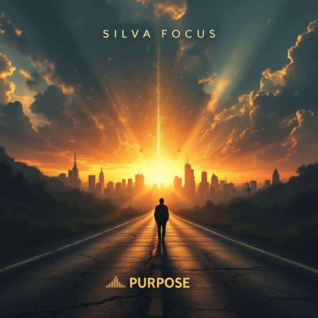 Rap AI Album Cover — A professional hip-hop album cover featuring 'Silva Focus' in bold modern typography at the top, with 'Purpose' beneath in cinematic lettering. The backdrop shows a lone figure walking a cracked road towards a luminous city skyline at sunrise, dramatic light beams breaking through clouds. Floating music notes and subtle equalizer graphics enrich the scene, with a deep black, midnight blue, and rich gold color palette. Highly detailed, 8k resolution, capturing themes of ambition and determination.