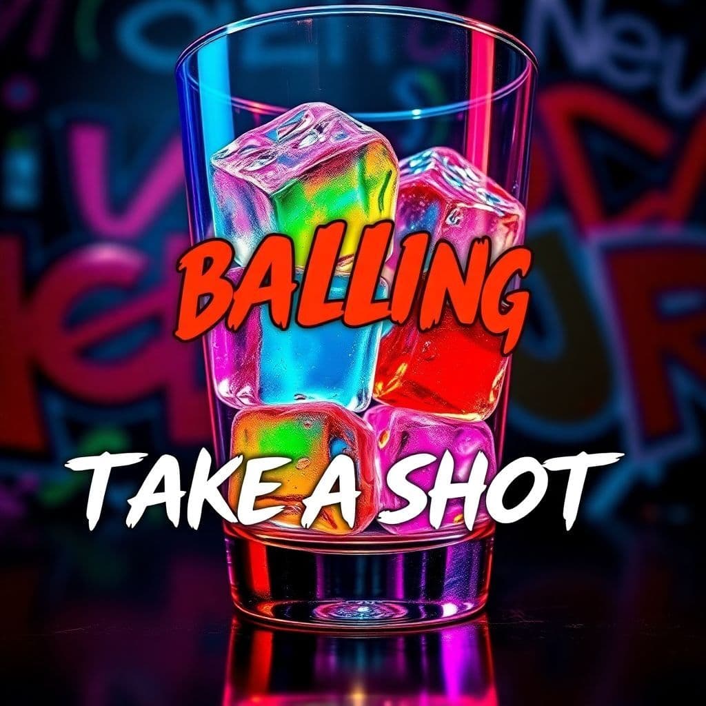 Rap AI Album Cover — A vibrant rap album cover featuring a close-up of a glass filled with colorful shots, ice swirling inside; neon lighting reflecting on glass, with the title "Balling Take A Shot" boldly integrated in an edgy font; urban graffiti background, high contrast colors, highly detailed, 8k resolution, energetic atmosphere