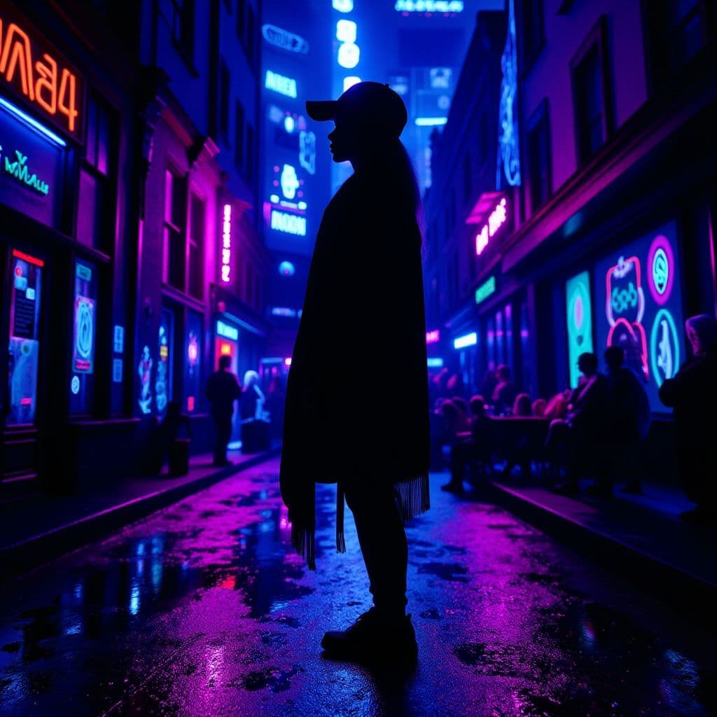 Hip-Hop AI Album Cover — A reflective, somber hip-hop album cover featuring a silhouetted figure standing on a city street; black light illustration with neon accents, moody atmosphere, ethereal lighting, vibrant color palette of blues and purples, highly detailed, 8k resolution, capturing a thoughtful and introspective vibe.