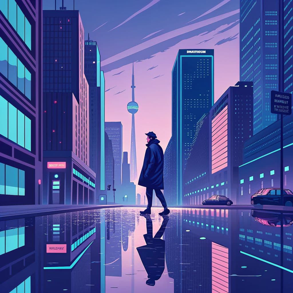 Hip-Hop AI Album Cover — A vibrant urban landscape featuring reflective buildings and a mysterious figure walking confidently; stylized illustration, cool color palette with blues and purples, uplifting and optimistic atmosphere, highly detailed vector art, capturing the essence of hip-hop culture, dynamic composition, perfect for indie and lo-fi genres.