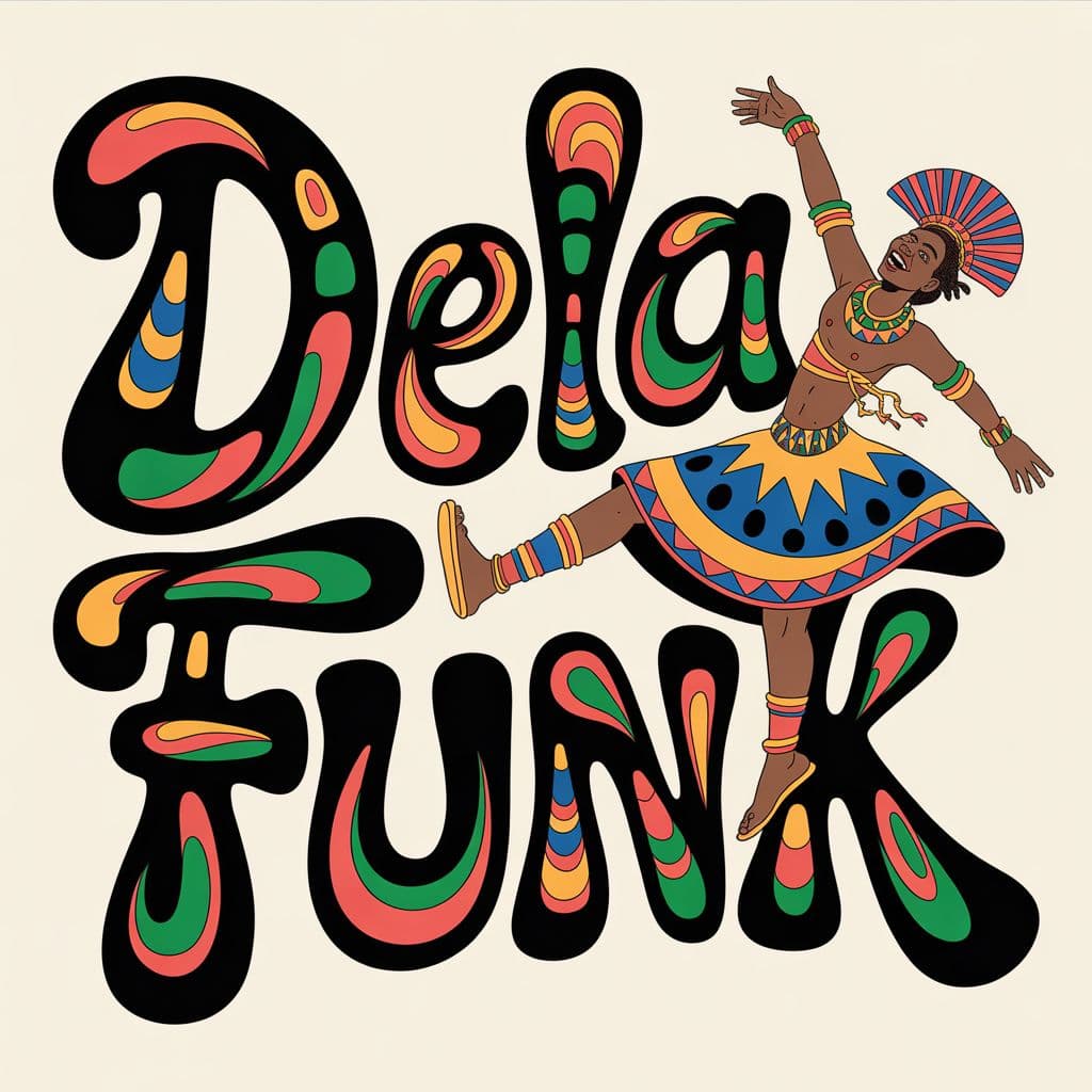 Afrobeat AI Album Cover — A vibrant afrobeat album cover featuring a lively dancing figure adorned in colorful traditional attire, integrated with psychedelic patterns and tribal art. The title 'Dela Funk' is creatively lettered in bold, flowing script, blending with the swirling colors, high contrast, and warm lighting, capturing a joyful atmosphere, highly detailed, 8k resolution.