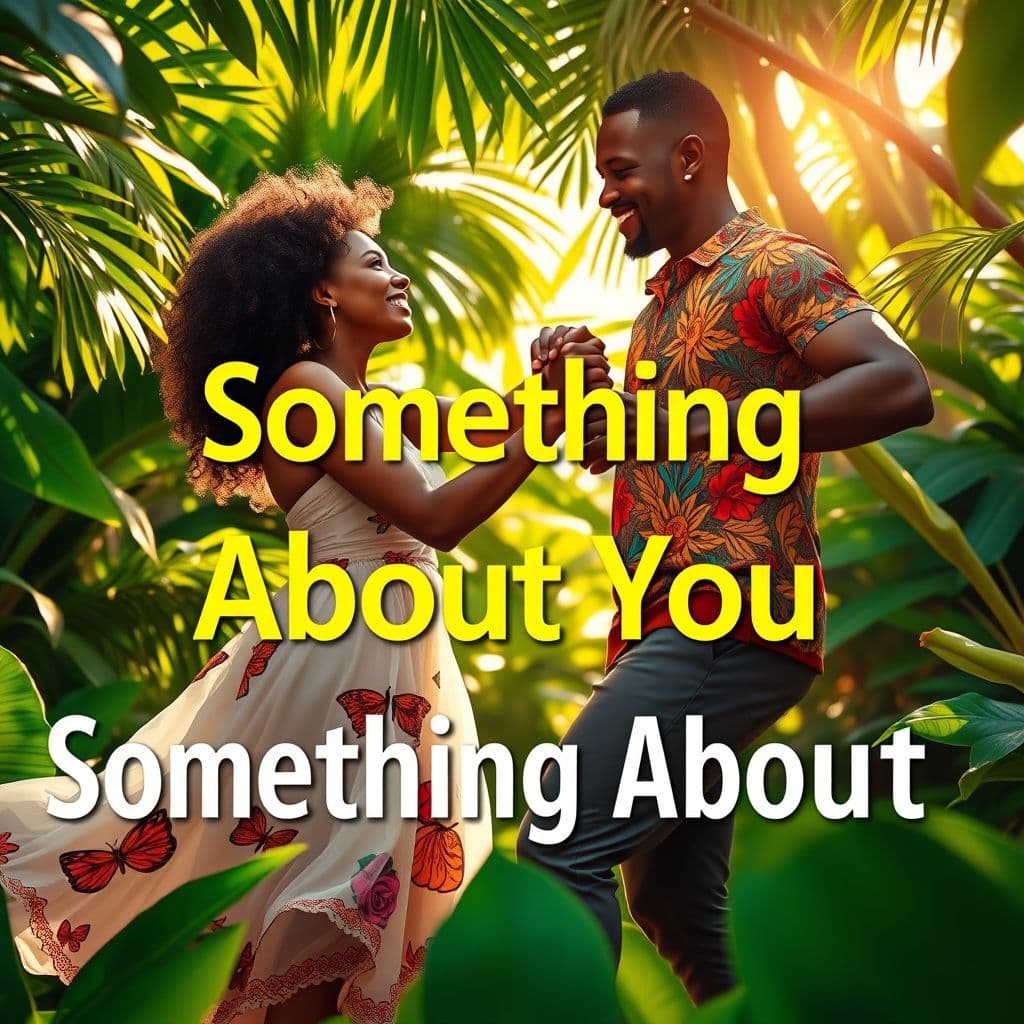 Afrobeat AI Album Cover — A vibrant afrobeat album cover featuring a couple dancing joyfully in a lush tropical setting, bright colors with warm sunlight filtering through the leaves; the title "Something About You" integrated artistically into the background; high detail, 8k resolution, capturing love and rhythm, tropical greens and yellows