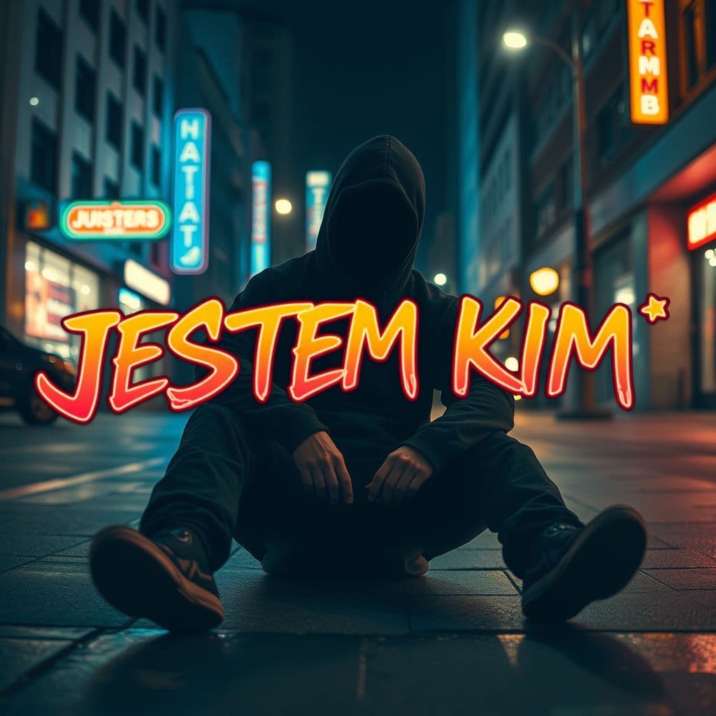 Trap AI Album Cover — A low-angle shot of a man in a black hoodie, face obscured, sitting on a city sidewalk at night; neon lights reflecting off wet pavement, with the title "JESTEM KIMŚ" integrated into the scene in vibrant graffiti-style typography; moody atmosphere, cinematic lighting, 8k resolution, highly detailed, urban trap aesthetic.