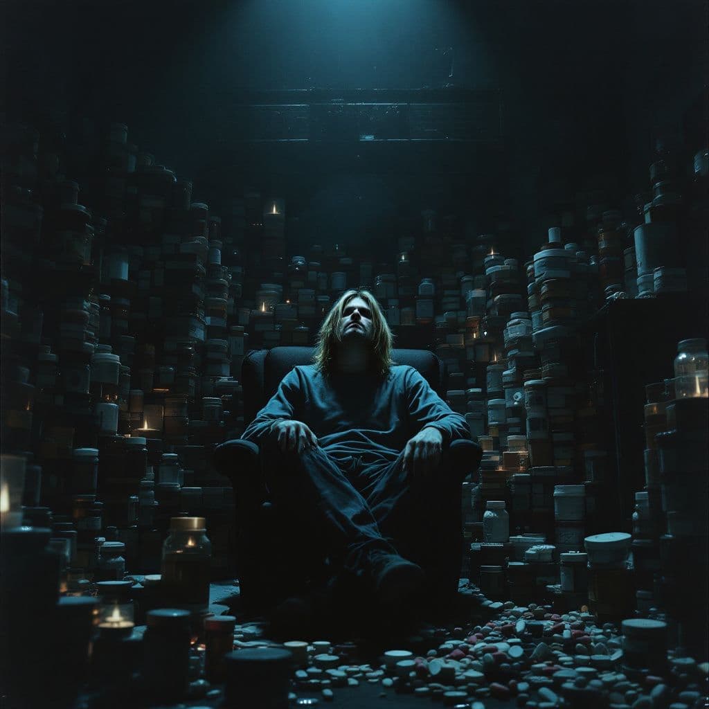 Grunge AI Album Cover — A photorealistic album cover depicting Kurt Cobain sitting in a chair in a dimly lit room, surrounded by an overwhelming array of pain medication and antidepressants stacked knee-high, a somber yet peaceful expression; moody lighting, dark shadows, subtle color palette of blues and grays, high detail, capturing themes of survival and healing, 8k resolution