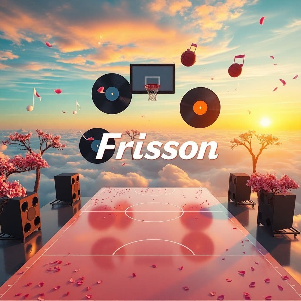 Hip-Hop AI Album Cover — A surreal album cover featuring a magical floating basketball court above the clouds, surrounded by giant speakers, floating vinyl records, cherry blossom petals, and African baobab trees; sunset reflections on the polished court, glowing musical notes trailing from basketball shots, vibrant color palette, cinematic and ethereal lighting, highly detailed, 8k resolution, incorporating the title "Frisson" prominently within the scene.