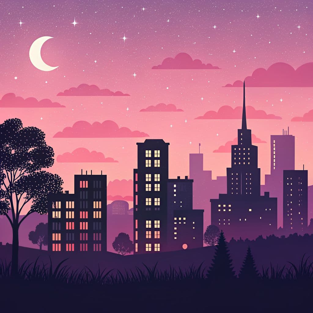 Lo-Fi AI Album Cover — A stylized illustration of a tranquil cityscape at dusk, with abstract buildings silhouetted against a vibrant twilight sky of pinks and purples; soft glowing lights in the windows, ethereal atmosphere, minimalist design, 8k resolution, high contrast, and dreamy quality.
