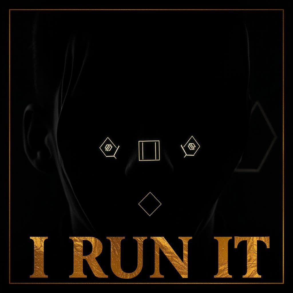 Trap AI Album Cover — An atmospheric cover for "I Run It" showcasing a surreal close-up of a person's face cloaked in shadows with glowing geometric patterns; dark and dramatic with rhythmic elements in the background, monochromatic color palette with bold gold accents, professional quality, sharp focus.