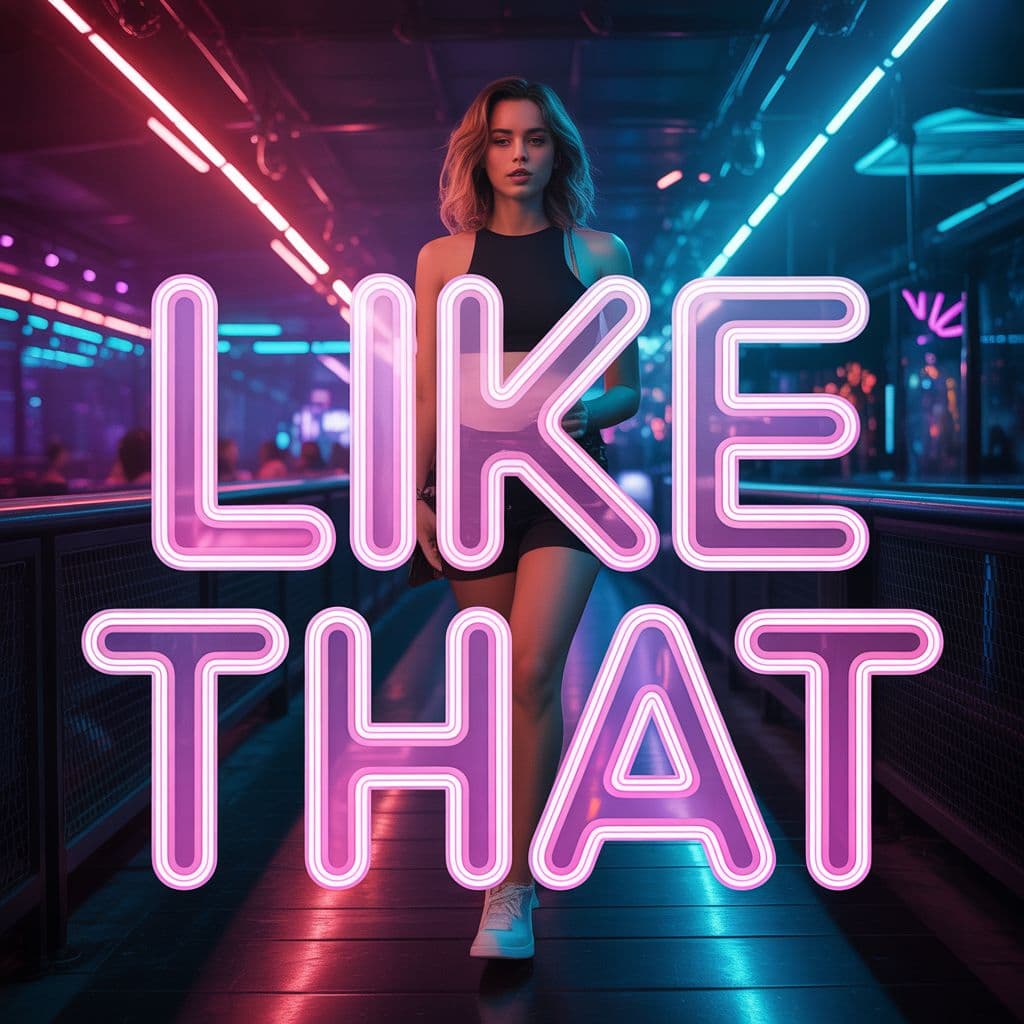Techno AI Album Cover — A confident woman entering a vibrant club setting, filled with neon lights and energetic vibes; typography integrated into the scene, glowing with a blend of pink and electric blue colors; photorealistic style, 8K resolution, moody atmosphere, capturing the exhilaration of nightlife.