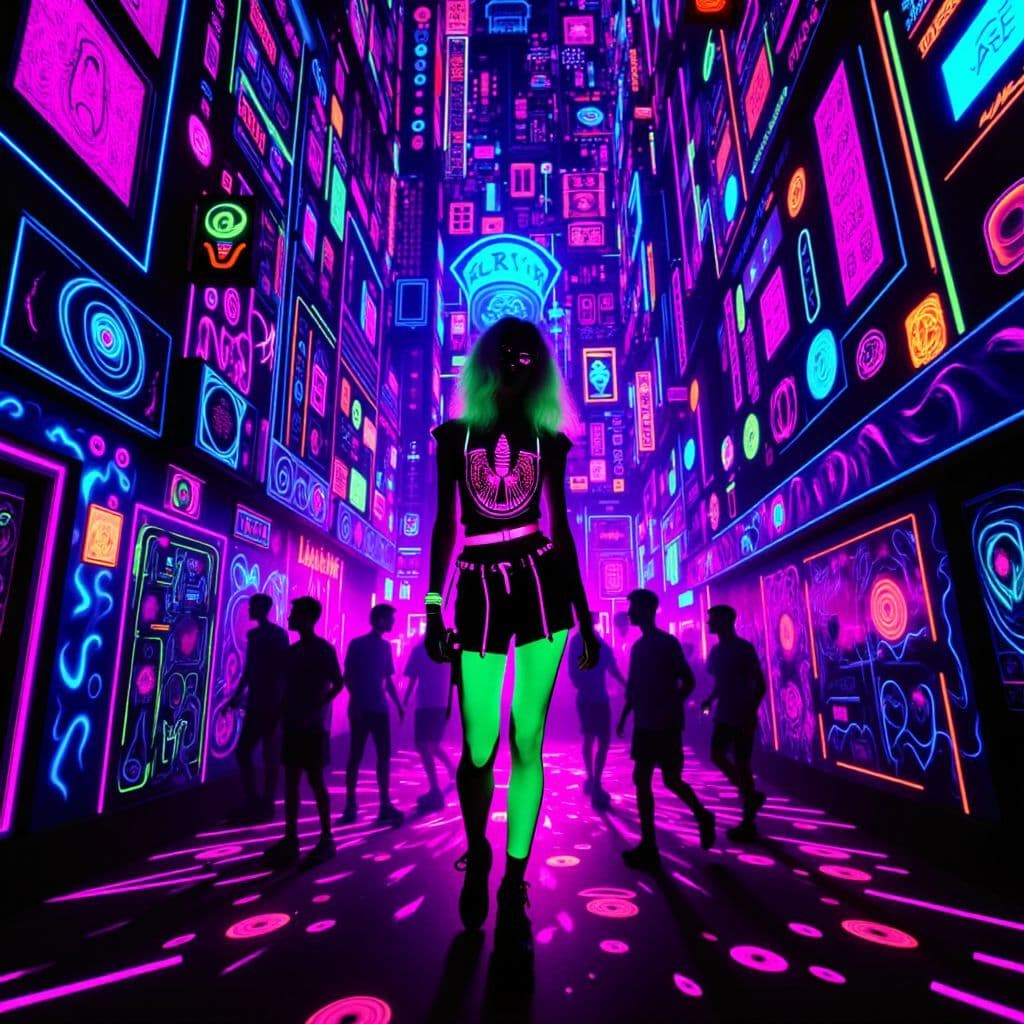 K-Pop AI Album Cover — A vibrant black light illustration for a K-pop album cover, featuring glowing neon characters dancing in a kaleidoscopic cityscape; psychedelic colors of pink, blue, and green; ethereal lighting, dynamic movement, highly detailed, 8k resolution, energetic and captivating atmosphere.