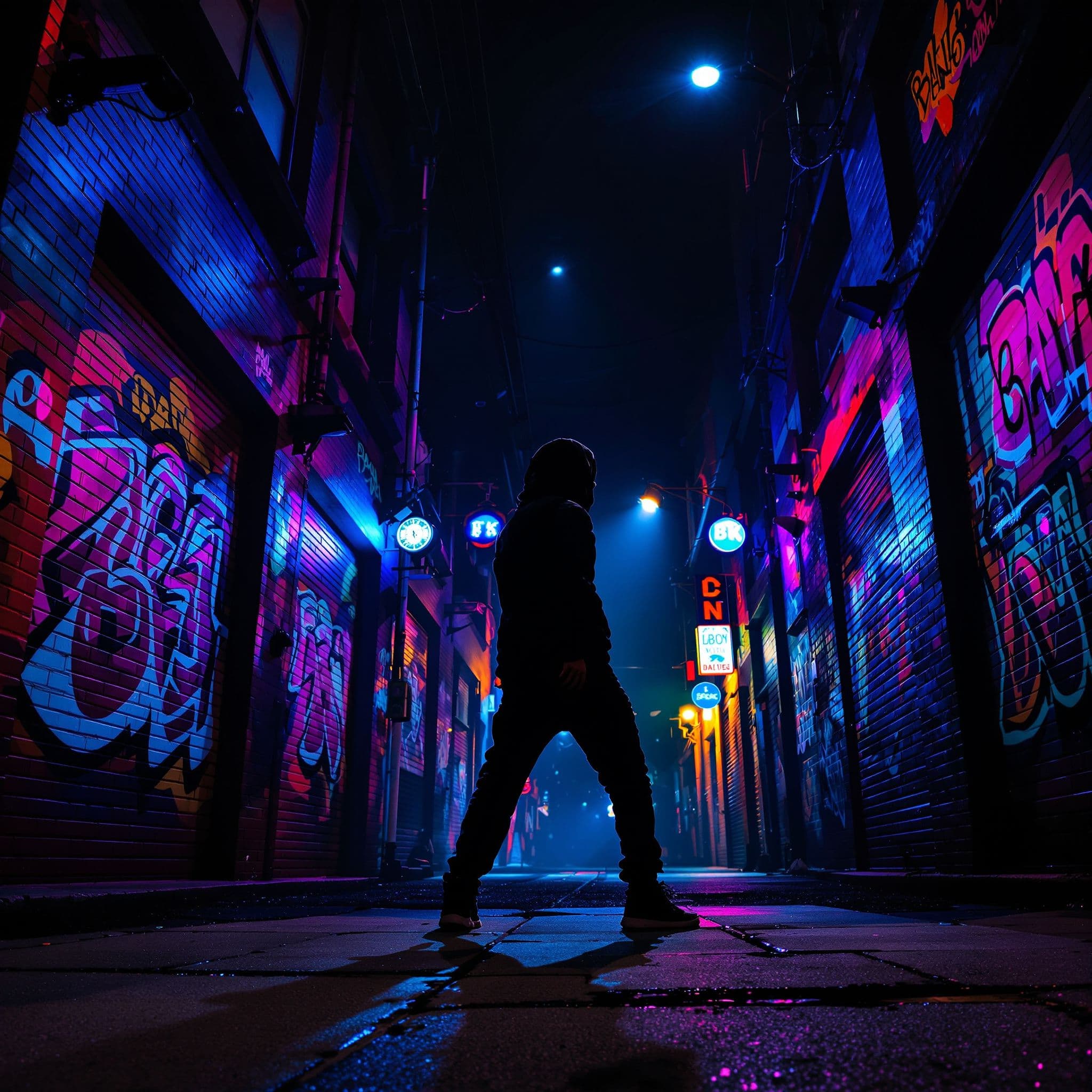 Trap AI Album Cover — An urban night scene featuring a dynamic street performer, vibrant graffiti on brick walls, and shimmering neon lights; dramatic backlighting creates bold silhouettes, rich colors contrasted against deep shadows, 8k photorealistic quality, capturing the energy of hip hop and trap culture.