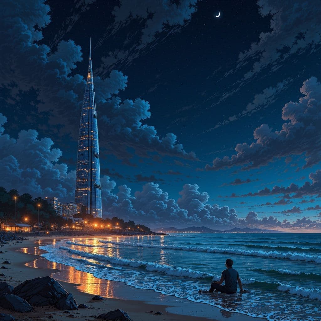 Indie AI Album Cover — A surreal indie album cover depicting two contrasting worlds: a sleek futuristic skyscraper on one side and a lonely man sitting on a serene beach at night on the other. Connected by a thin glowing digital wire, deep blue sea and soft golden lights create a melancholic atmosphere, highlighting poetic surrealism, moody lighting, ethereal vibes, 8k resolution, highly detailed artistry.