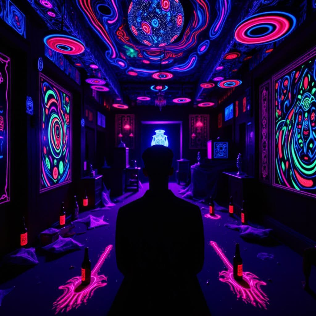 Dance AI Album Cover — A vibrant black light illustration of a solitary man sitting in a dimly lit club, surrounded by glowing bottles of beer and cigarettes under swirling disco lights; psychedelic colors with neon blues, purples, and greens, moody atmosphere, high detail, surreal effect, 8k resolution