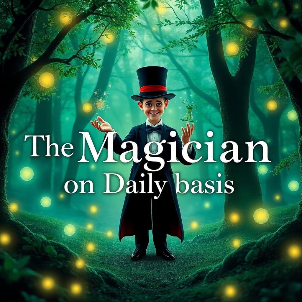 Chillout AI Album Cover — A surreal album cover featuring a whimsical magician performing enchanting tricks in a soft, dreamlike forest; ethereal lighting with luminescent orbs surrounding the title "The Magician on Daily Basis" in elegant typography, vibrant greens and blues, highly detailed, creating a serene and magical atmosphere, 8k resolution