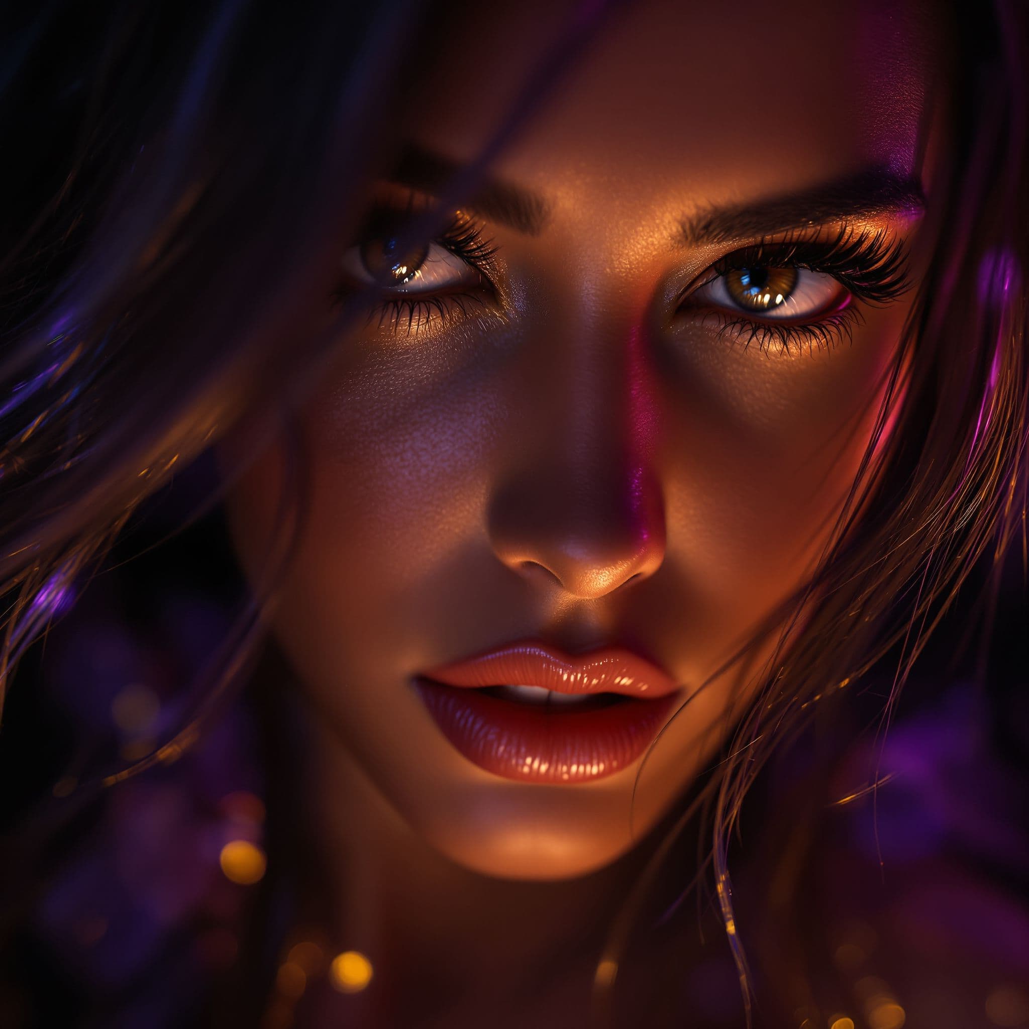 R&B AI Album Cover — A close-up of a beautiful woman with luscious hair, gazing seductively under moody, dramatic lighting; rich jewel tones like deep purples and gold, oily textures reflecting soft highlights, ethereal bokeh in the background, photorealistic quality, tightly framed, 8k resolution, capturing the essence of longing and intimacy