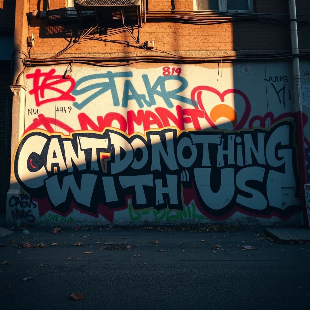 Rap AI Album Cover — A powerful urban scene with graffiti art showcasing the title "Cant Do Nothing With US" integrated into the design; vibrant colors, street style visual, highly detailed with sharp focus; late afternoon lighting creating dramatic shadows, capturing themes of struggle and success in rap culture, 8k resolution