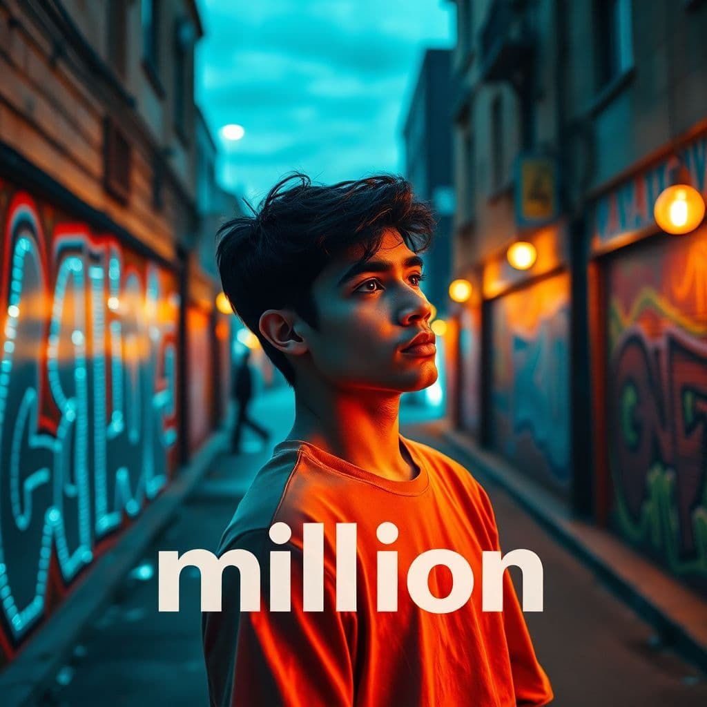 Hip-Hop AI Album Cover — A vibrant urban street scene at dusk, featuring a young man looking contemplative, LED lights illuminating graffiti; the cover includes the title "million" in bold, dynamic typography, moody atmosphere, enhanced contrast, rich blues and oranges, highly detailed, cinematic lighting, 8k resolution.