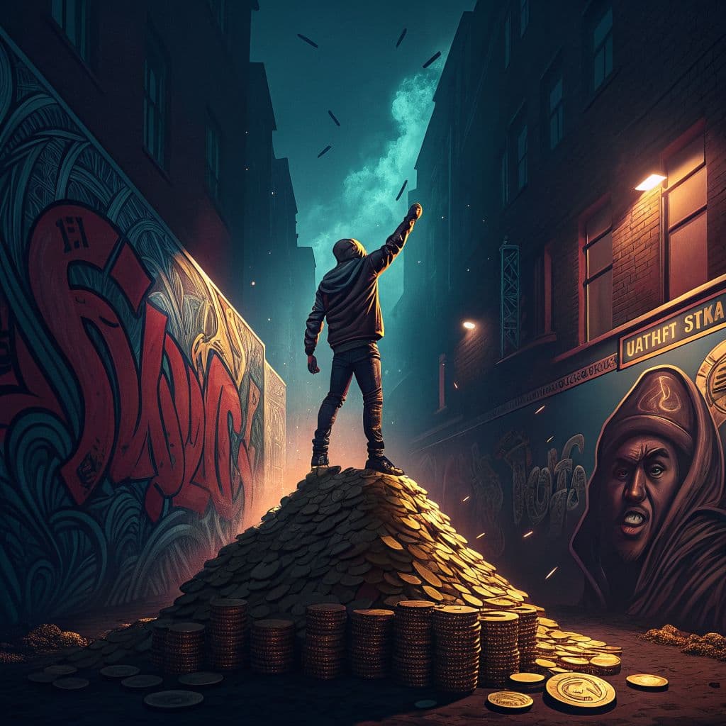 Rap AI Album Cover — A powerful illustrated cover for a rap song featuring a strong figure standing triumphantly atop a pile of gold coins, surrounded by vibrant street art background; stylized vector art, rich colors of gold, deep blue and red; dramatic lighting, moody atmosphere, highly detailed, 8k resolution
