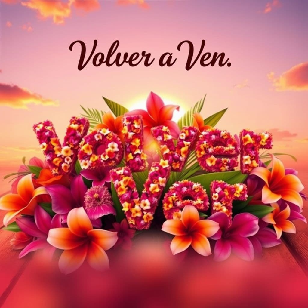 Reggaeton AI Album Cover — A vibrant reggaeton album cover featuring colorful tropical flowers with the title "Volver a Ver" integrated into the design; sunset lighting, warm colors of orange and pink, dreamy ethereal style, highly detailed and photorealistic, celebratory atmosphere.