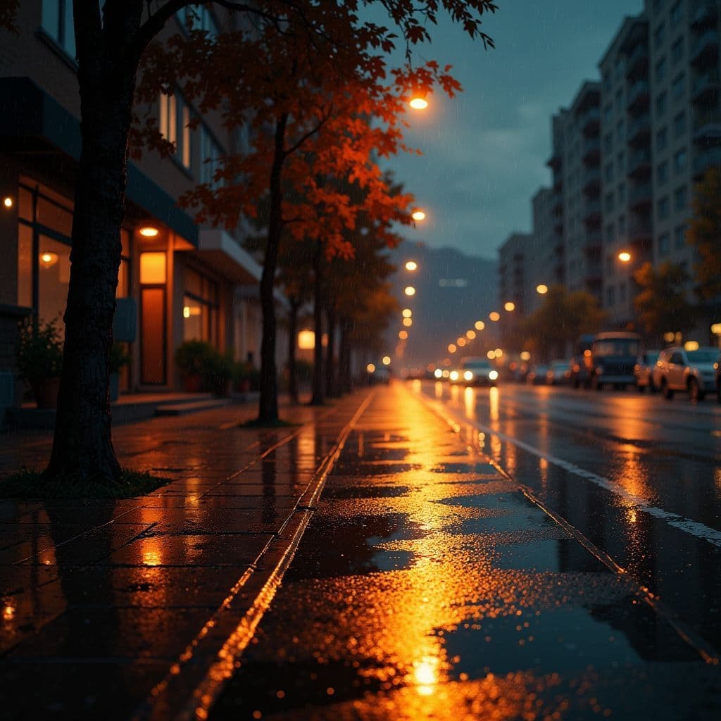 Lo-Fi AI Album Cover — A tranquil city street at night after rain, warm streetlights reflecting on wet asphalt, blurred apartment windows in the background, gentle rain falling, cinematic lighting, muted grey and brown tones, minimalist composition with clean negative space for typography, ethereal and nostalgic atmosphere, 8k resolution, highly detailed artwork