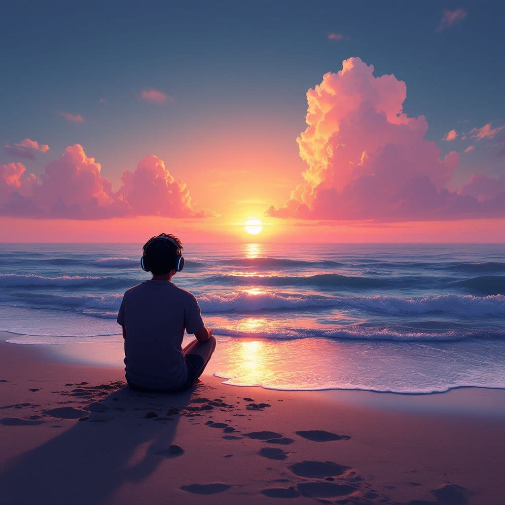 Lo-Fi AI Album Cover — A dreamy lo-fi album cover featuring a serene beach at sunset, soft pastel colors blending together; a lone figure sitting on the sand with headphones, surrounded by abstract wave patterns, ethereal lighting creating a calming atmosphere, highly detailed, 8k resolution, capturing the vibe of relaxation and gratitude, moody yet uplifting