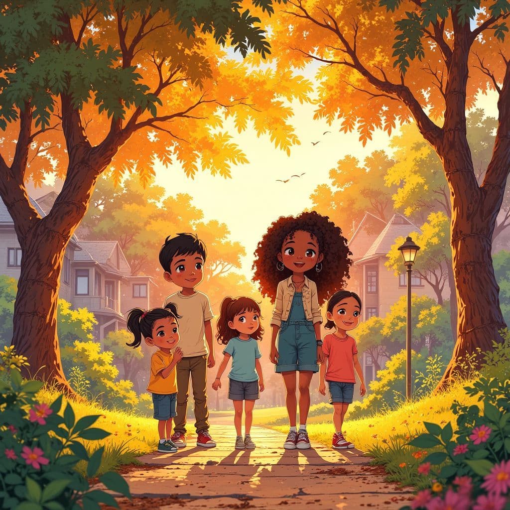 Hip-Hop AI Album Cover — A heartwarming illustration for a hip-hop album cover titled 'Family', featuring a diverse family gathered in an urban park, vibrant colors with a dynamic, Ghibsky illustration style; soft, golden hour lighting with playful elements reflecting love and unity; highly detailed, 8k resolution, cheerful and inviting atmosphere.