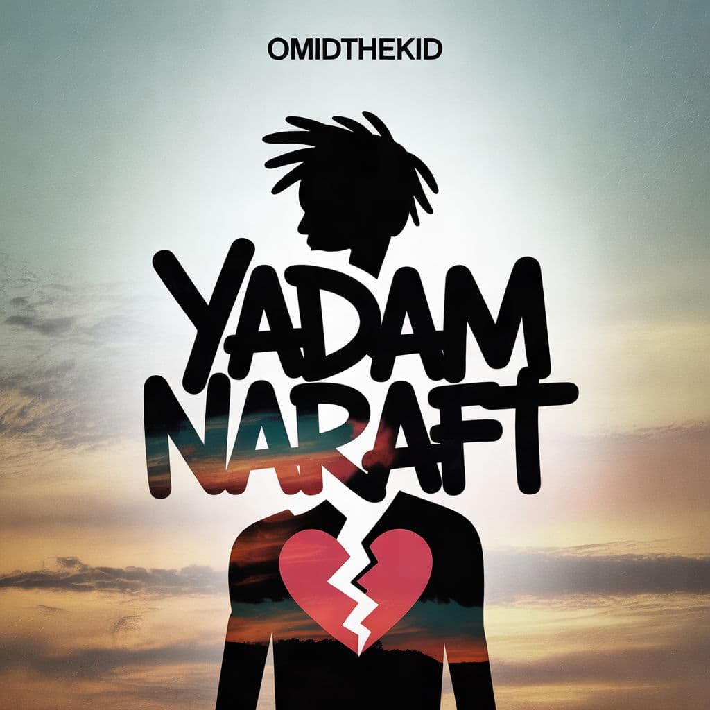 Hip-Hop AI Album Cover — A minimalist hip-hop album cover for 'Yadam Naraft' by OmidTheKid, featuring an abstract silhouette of a figure with a broken heart against a subtle gradient background; the title integrated with bold, graffiti-inspired typography, earthy tones with splashes of color, atmospheric lighting reflecting emotions of struggle and resilience, high quality, sharp focus