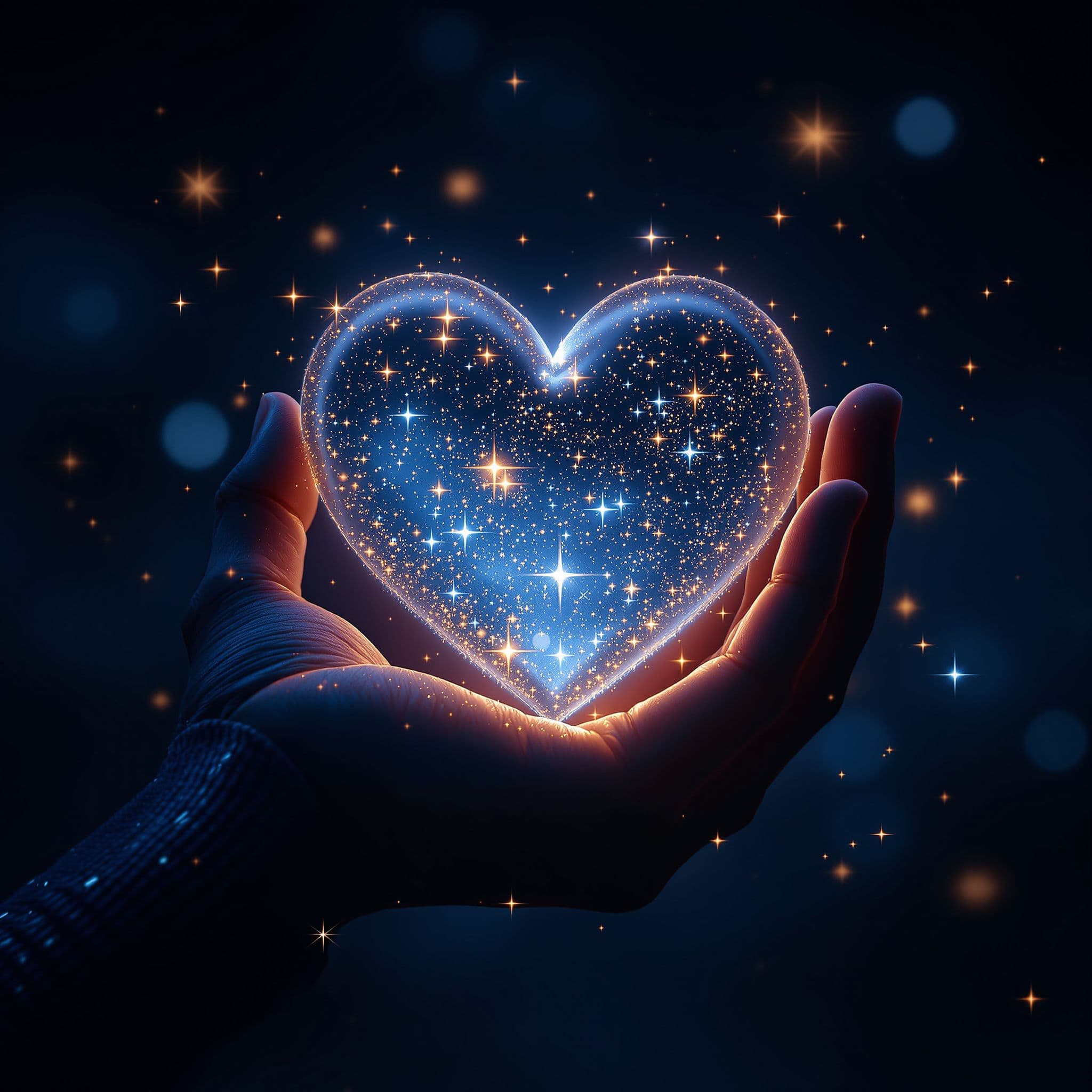 R&B AI Album Cover — A dreamy R&B album cover featuring a close-up of a hand holding a shimmering heart, with stars reflecting on its surface; dramatic lighting enhances the textures, moody atmosphere with deep blues and shimmering golds, ethereal background, highly detailed and photorealistic, 8k resolution