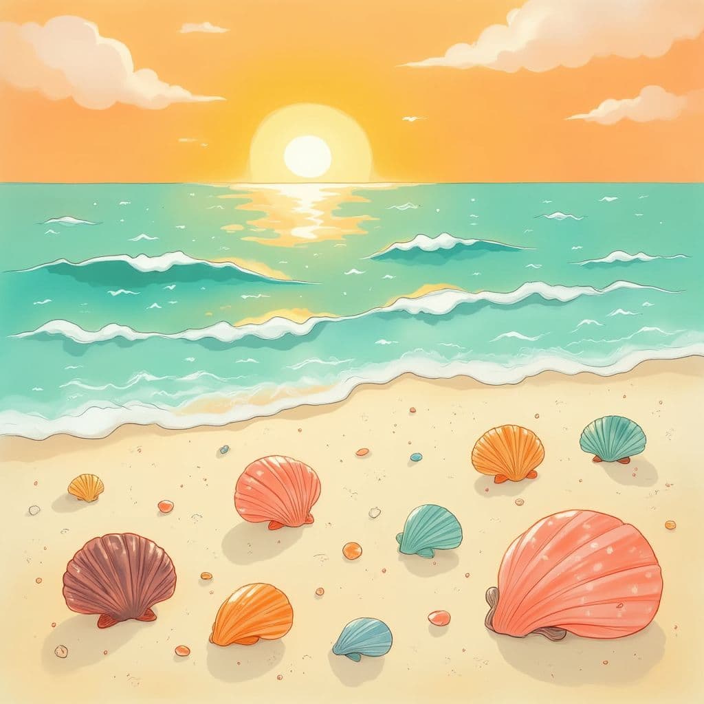 Lo-Fi AI Album Cover — A whimsical illustration featuring a serene beach scene with colorful seashells scattered on the sand, a soft sunset in the background, gentle waves curling softly, ethereal and dreamy aesthetic, vibrant hues of orange and teal, highly detailed, 8k resolution