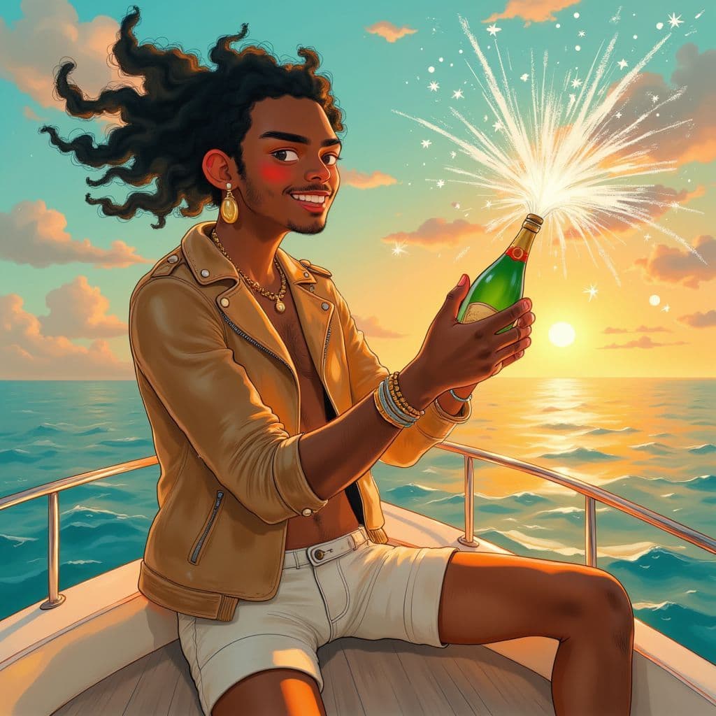 Trap AI Album Cover — A vibrant, whimsical illustration of a young man with dreadlocks on a yacht, joyfully popping champagne; surreal style with sparkling effects, cinematic lighting with a sunset backdrop, rich golds and blues, highly detailed, capturing a sense of determination and celebration, 8k resolution.