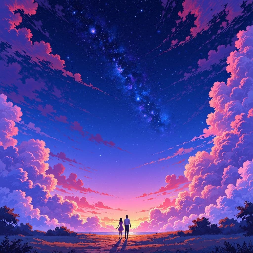 Indie AI Album Cover — A dreamy illustration for an indie album, featuring two figures dancing under a starry night sky, surrounded by colorful swirling clouds; a whimsical and surreal style, vibrant colors with shades of blue, purple, and pink, high quality with soft ambient lighting, evoking feelings of nostalgia and romance, 8k resolution