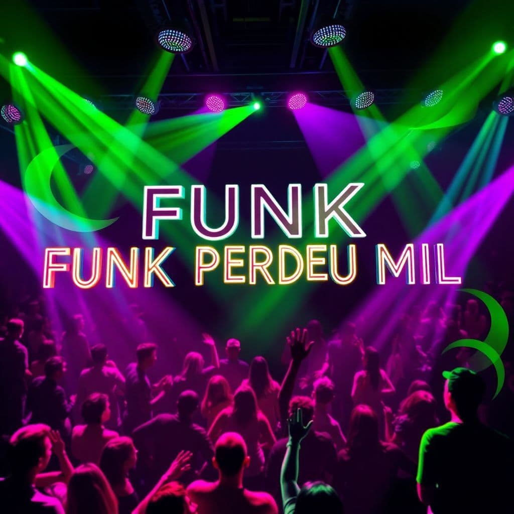 Funk AI Album Cover — A vibrant funk album cover featuring a lively crowded dance floor under colorful disco lights, the title "FUNK PERDEU MIL" integrated as neon lettering amidst swirling abstract shapes; dynamic movement, rich greens and purples, highly detailed, photorealistic style, evoking a joyful atmosphere